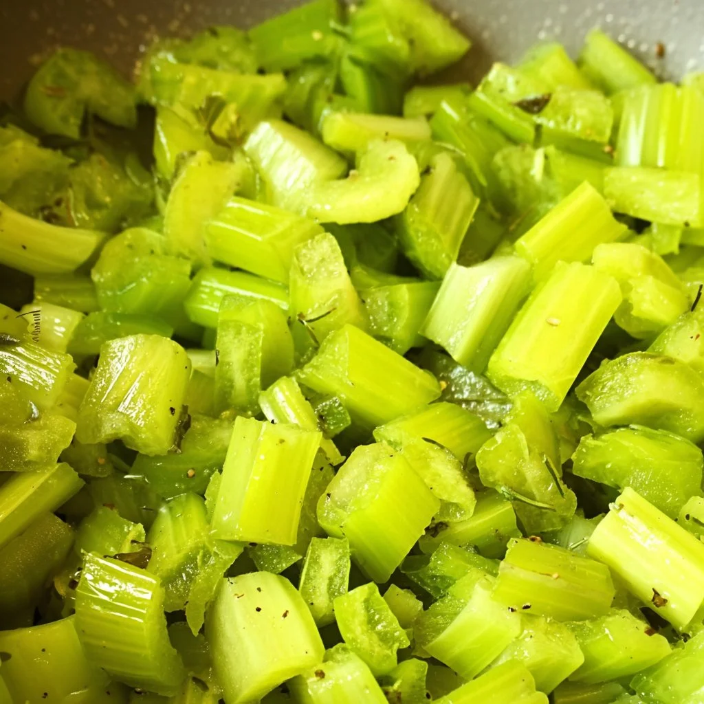 Delicious sautéed celery in a skillet with garlic and herbs