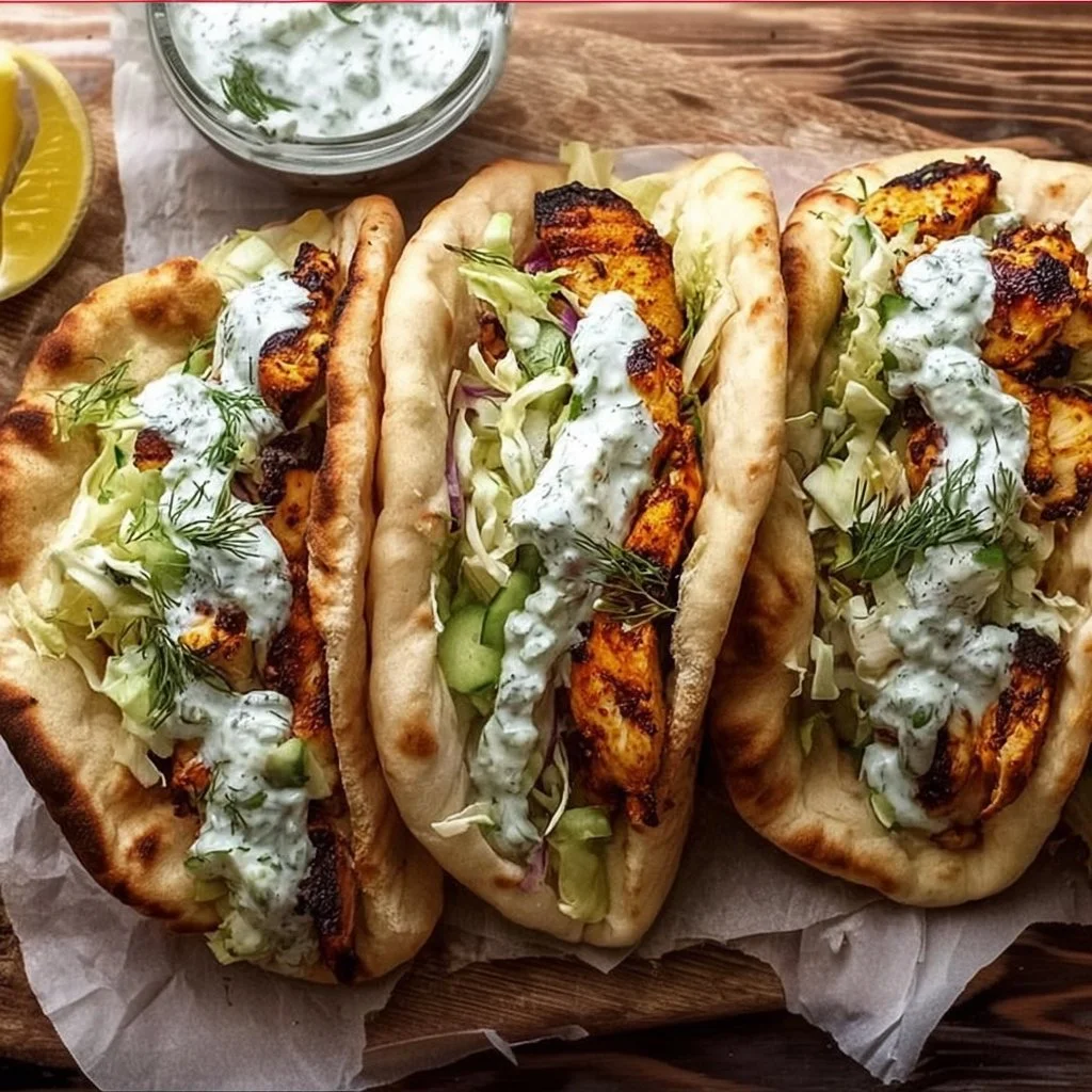 Sheet Pan Chicken Pitas with Herby Ranch served on a wooden board
