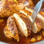 Savory skillet chicken breasts being cooked in a skillet with herbs and spices.