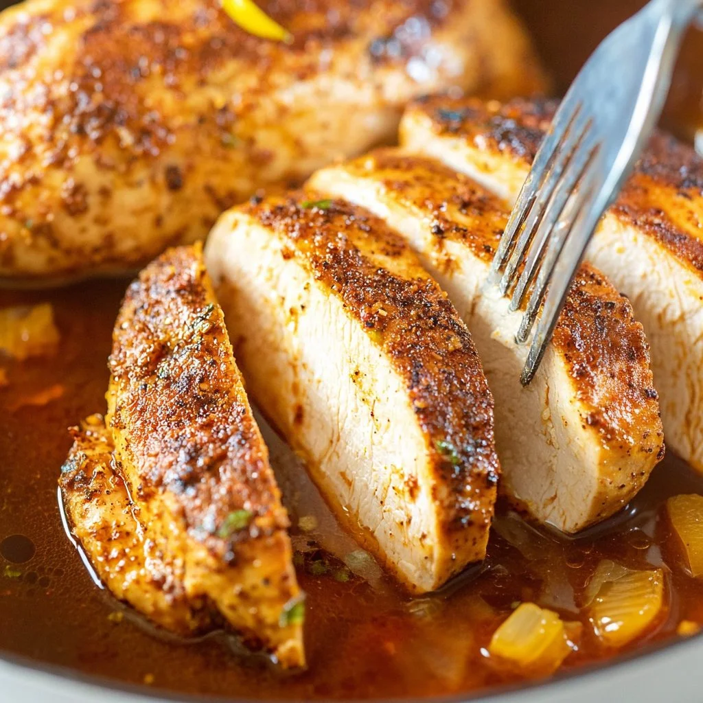 Savory skillet chicken breasts being cooked in a skillet with herbs and spices.