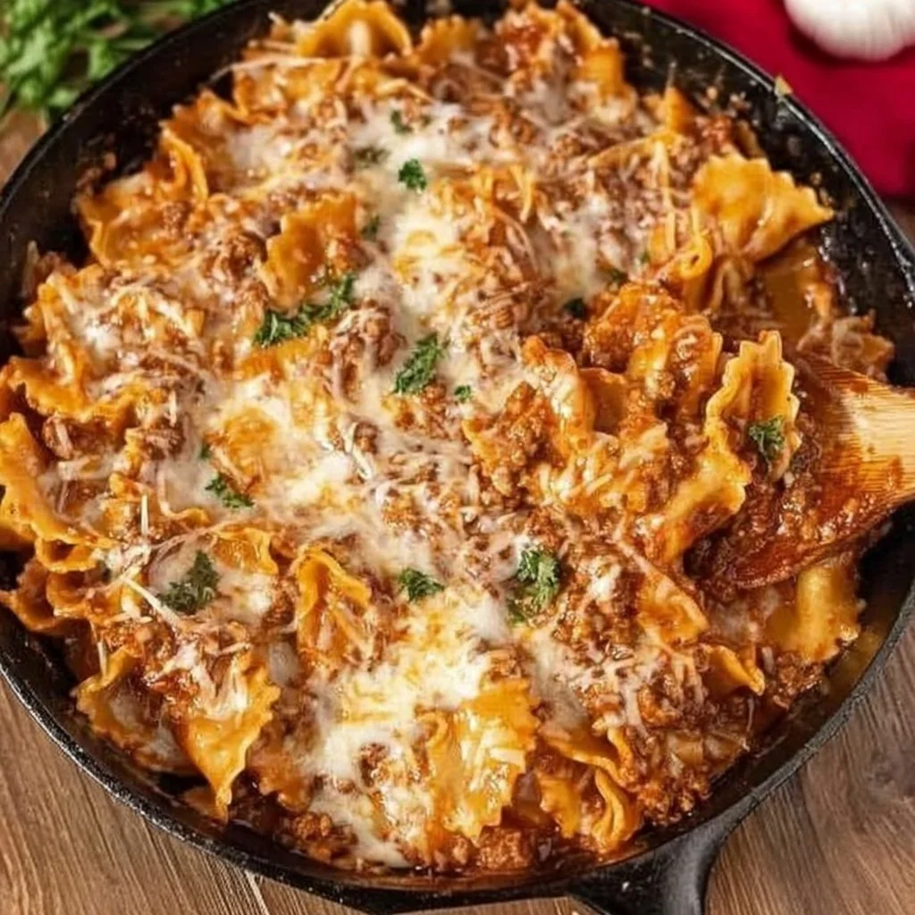 Delicious skillet lasagna served in a pan with cheese and herbs.