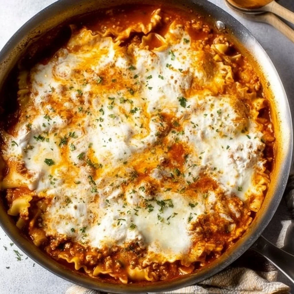 Delicious skillet lasagna topped with cheese and fresh herbs in a cast iron skillet
