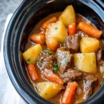 Delicious slow cooker beef stew with carrots and potatoes in a rich broth