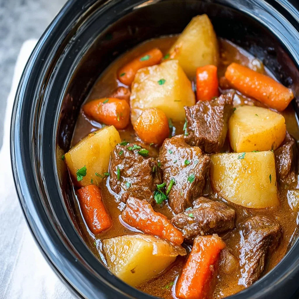Delicious slow cooker beef stew with carrots and potatoes in a rich broth