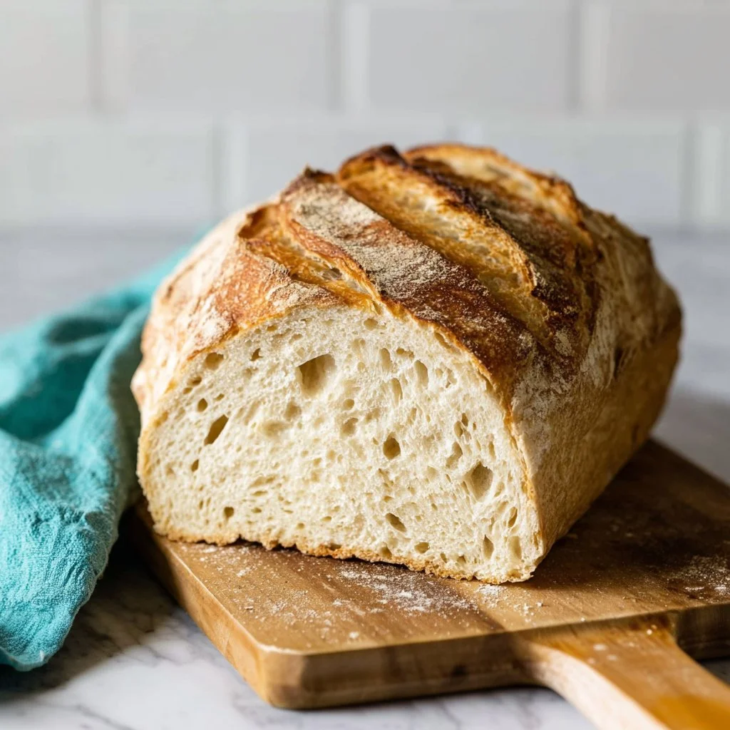 Freshly baked sourdough bread loaf on a wooden cutting board.
