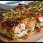 Baked spicy salmon sushi in a dish, garnished and ready to serve.
