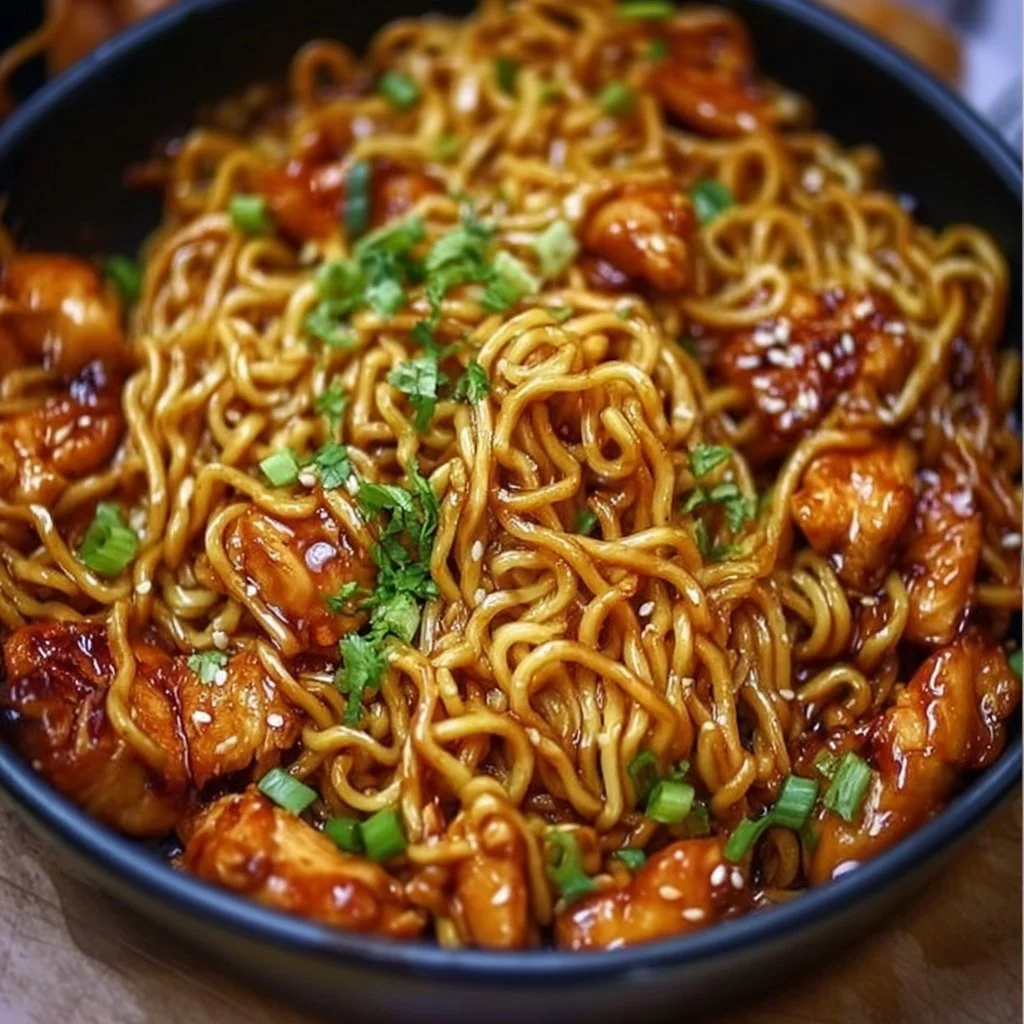 Plate of sticky garlic chicken noodles garnished with herbs and vegetables
