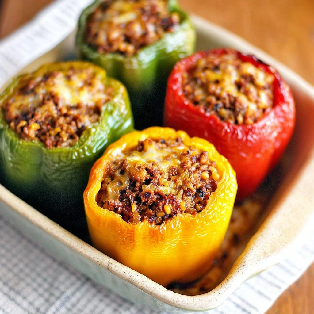 Colorful stuffed peppers without rice, filled with savory ingredients.
