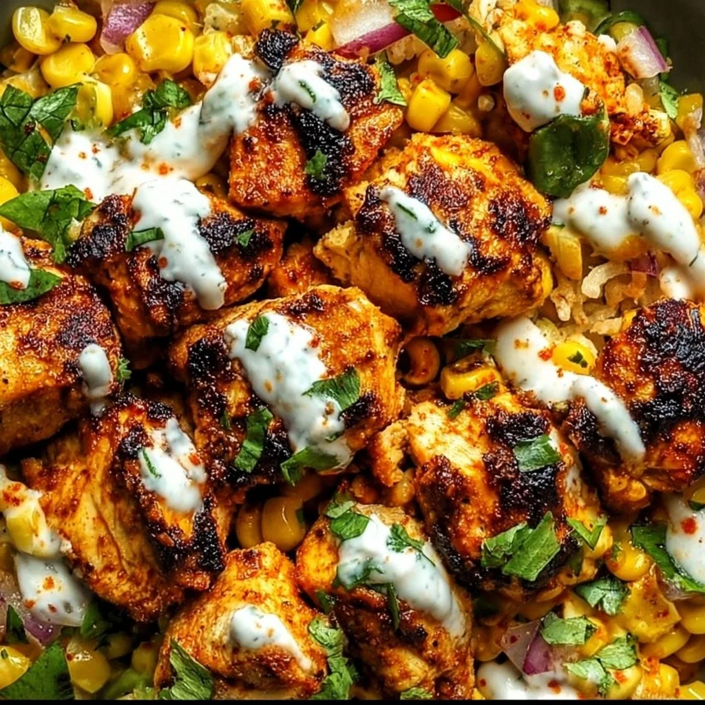 Delicious street corn chicken bowl with fresh toppings and spices