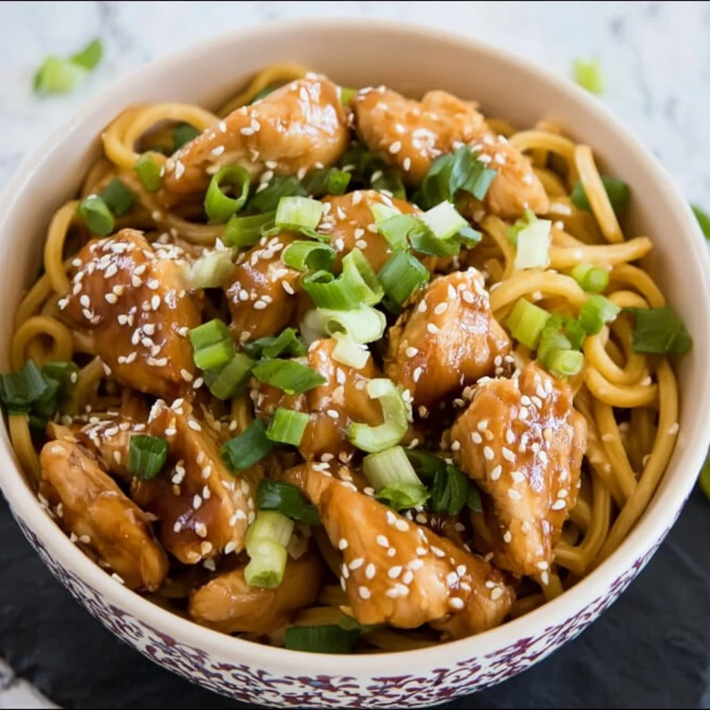 Delicious teriyaki chicken noodle bowl with fresh vegetables and sauce