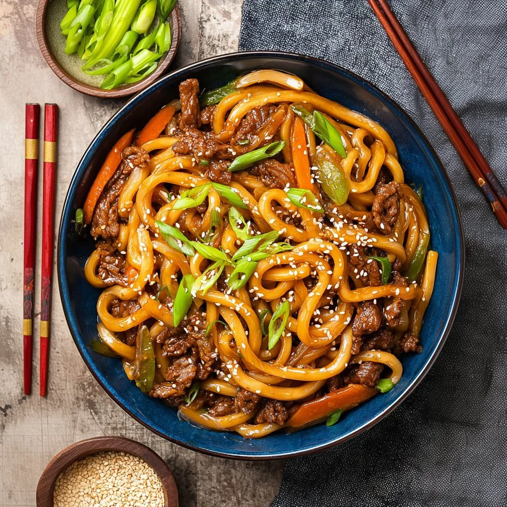 Bowl of delicious teriyaki udon noodles garnished with fresh vegetables