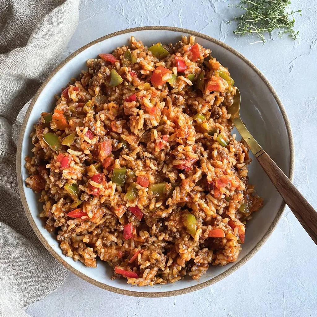 Delicious unstuffed pepper skillet topped with cheese in a one-pan dish