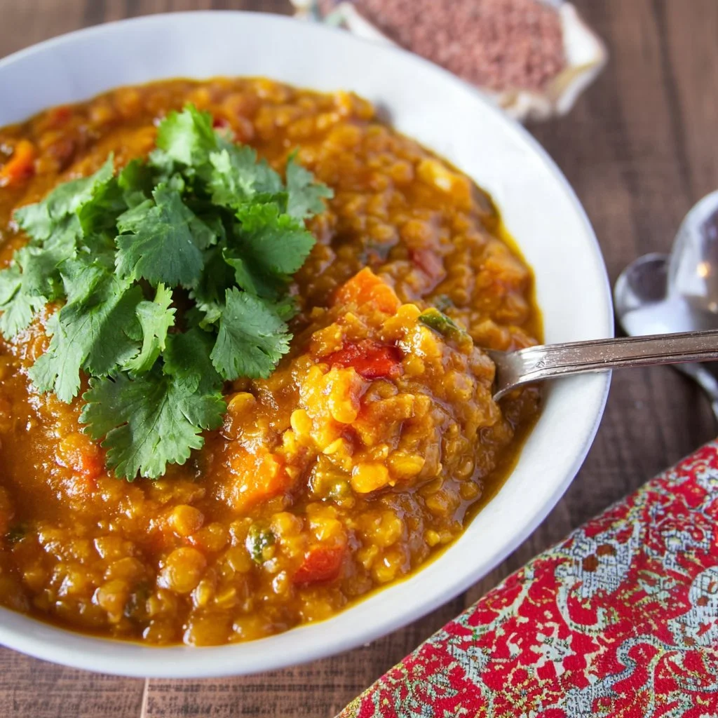 Bowl of vegan red lentil curry with rice and vegetables