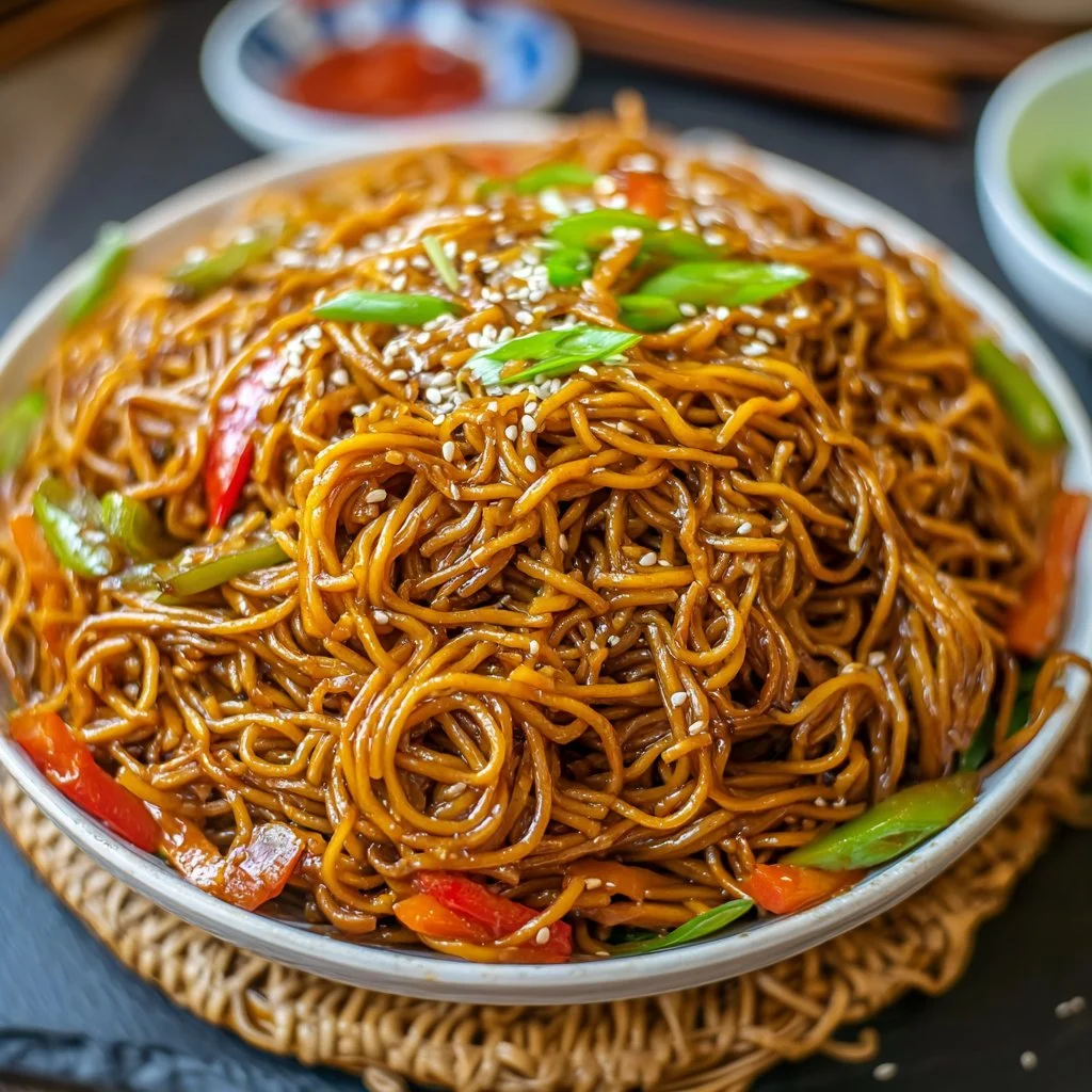 Plate of vegetarian teriyaki noodles garnished with vegetables