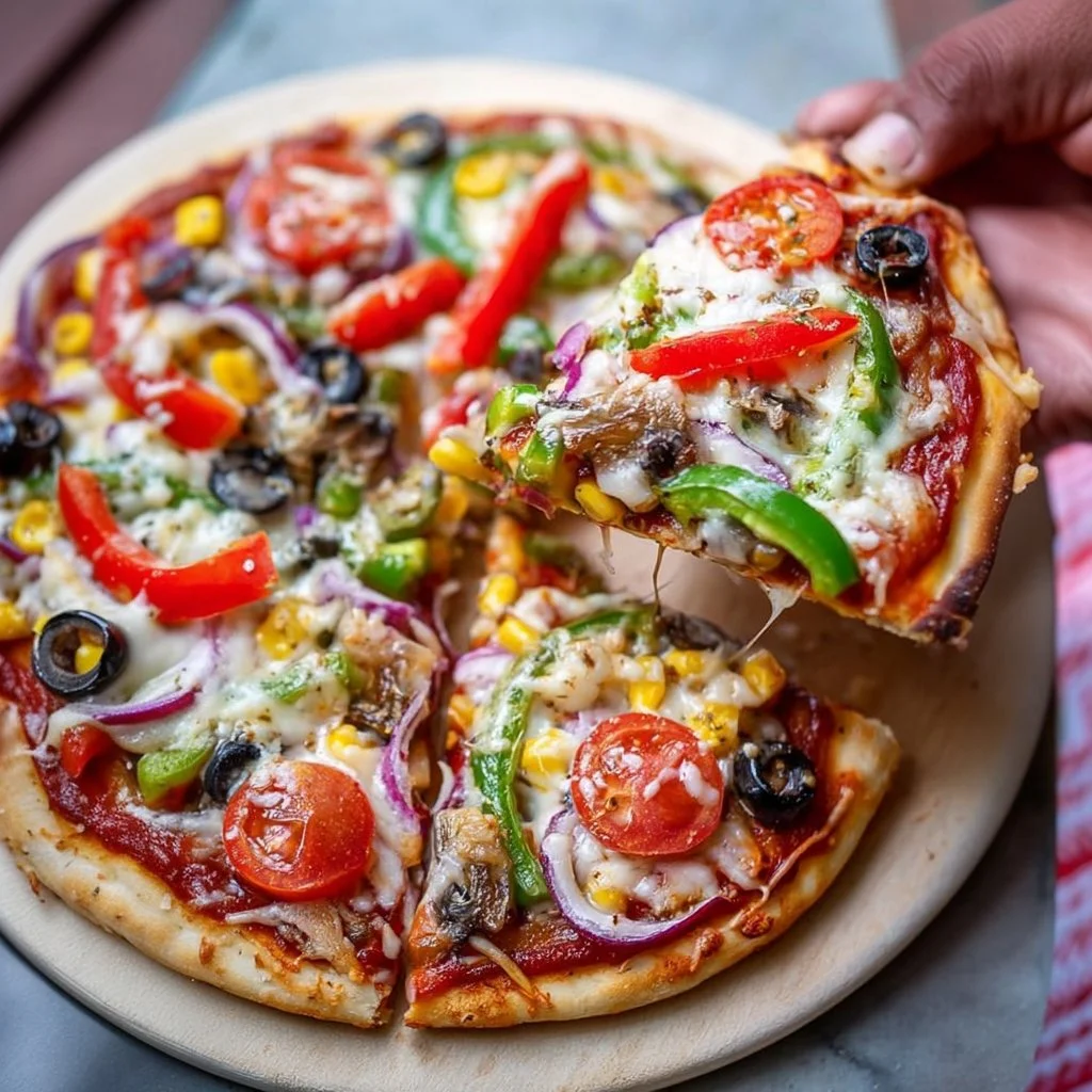 Veggie pita bread pizza topped with fresh vegetables and cheese