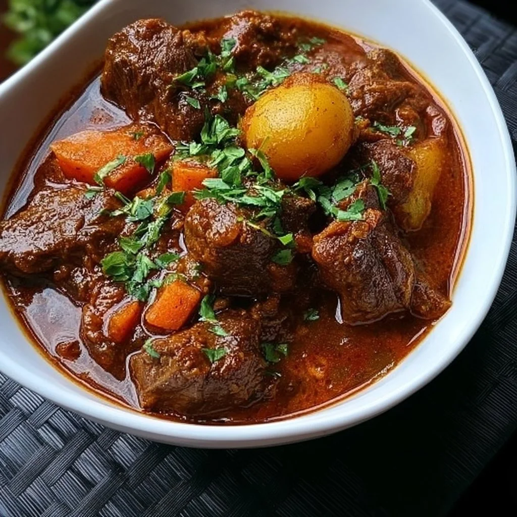 A bowl of Nigerian beef stew garnished with herbs and spices.