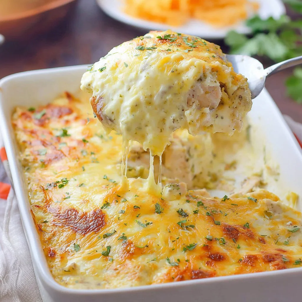 Delicious White Chicken Enchilada Casserole topped with cheese and cilantro