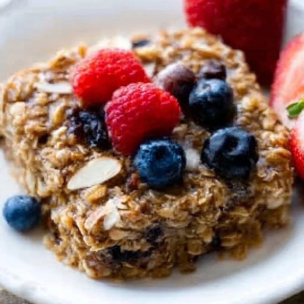 Delicious 1 Bowl Baked Oatmeal served in a wooden bowl with fresh fruits on top