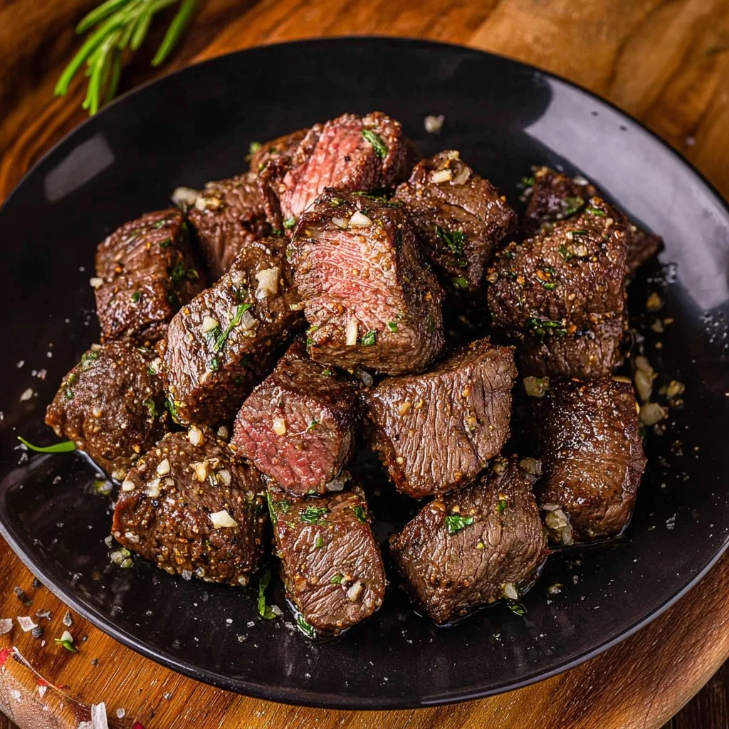 Air fryer garlic butter steak bites served on a plate
