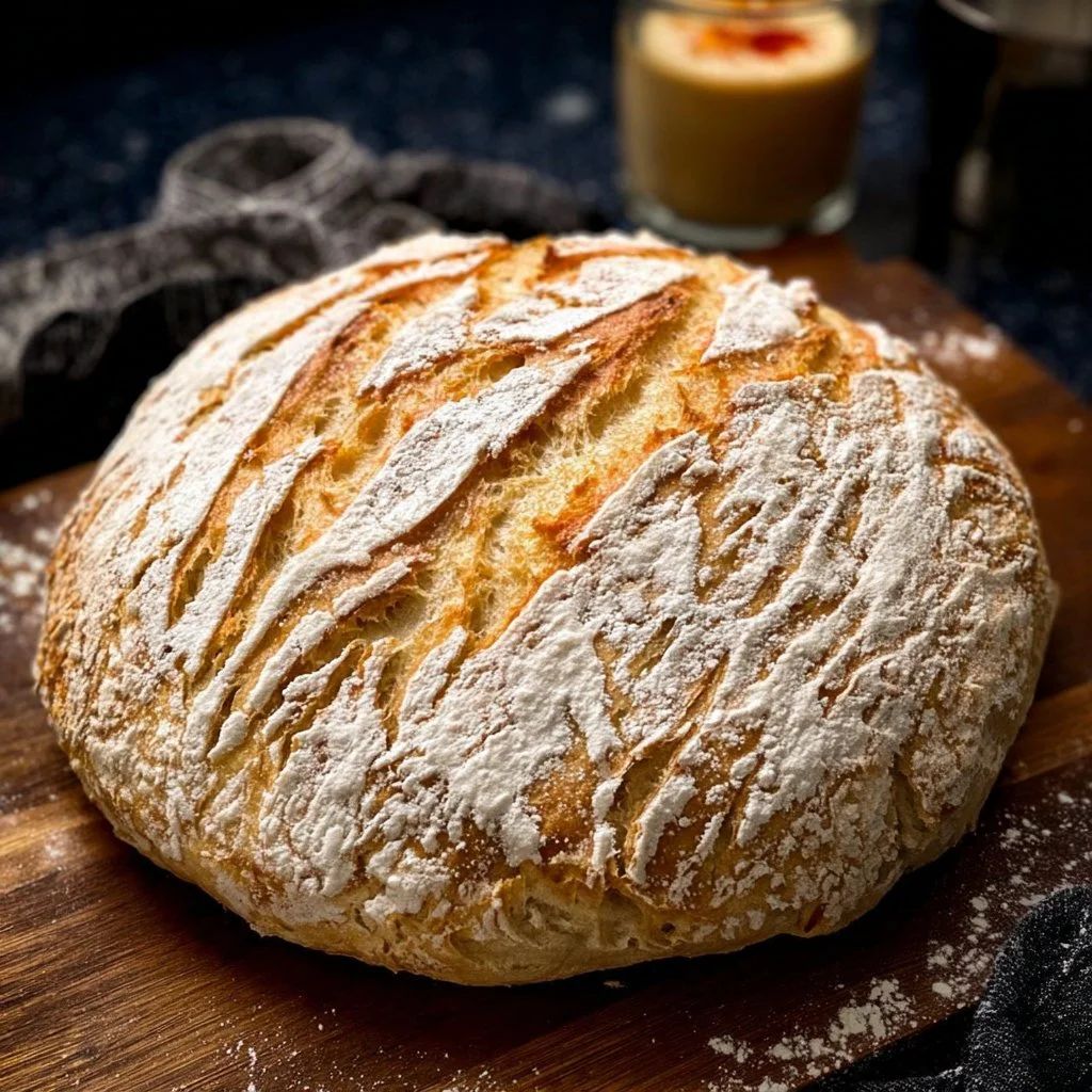 Homemade artisan bread freshly baked on a wooden table with a crispy crust.