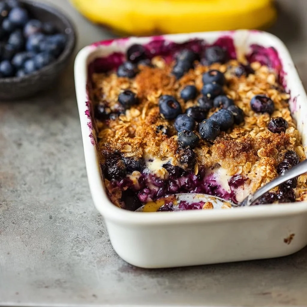 A bowl of baked oatmeal topped with fresh blueberries and a drizzle of honey.