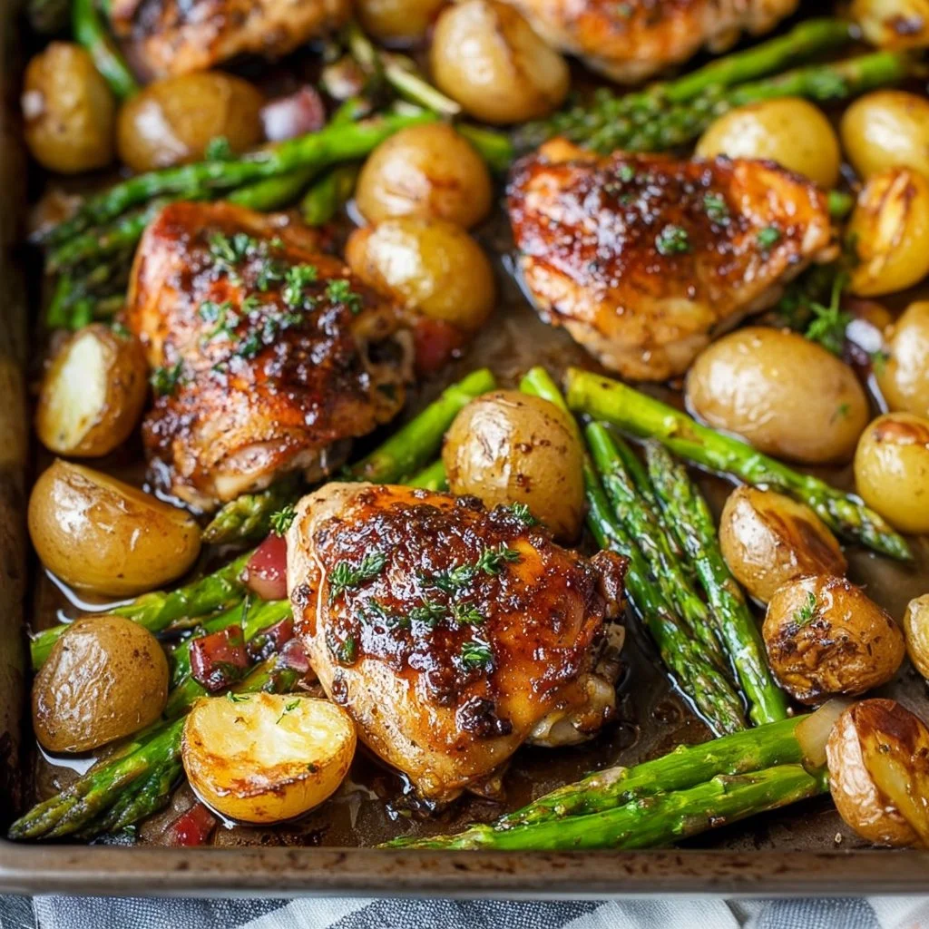 Delicious Balsamic Chicken served with fresh herbs and vegetables.