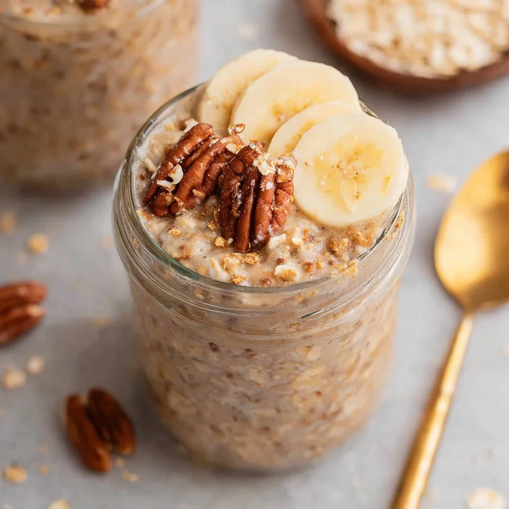 Delicious banana bread overnight oats in a bowl topped with sliced bananas and nuts