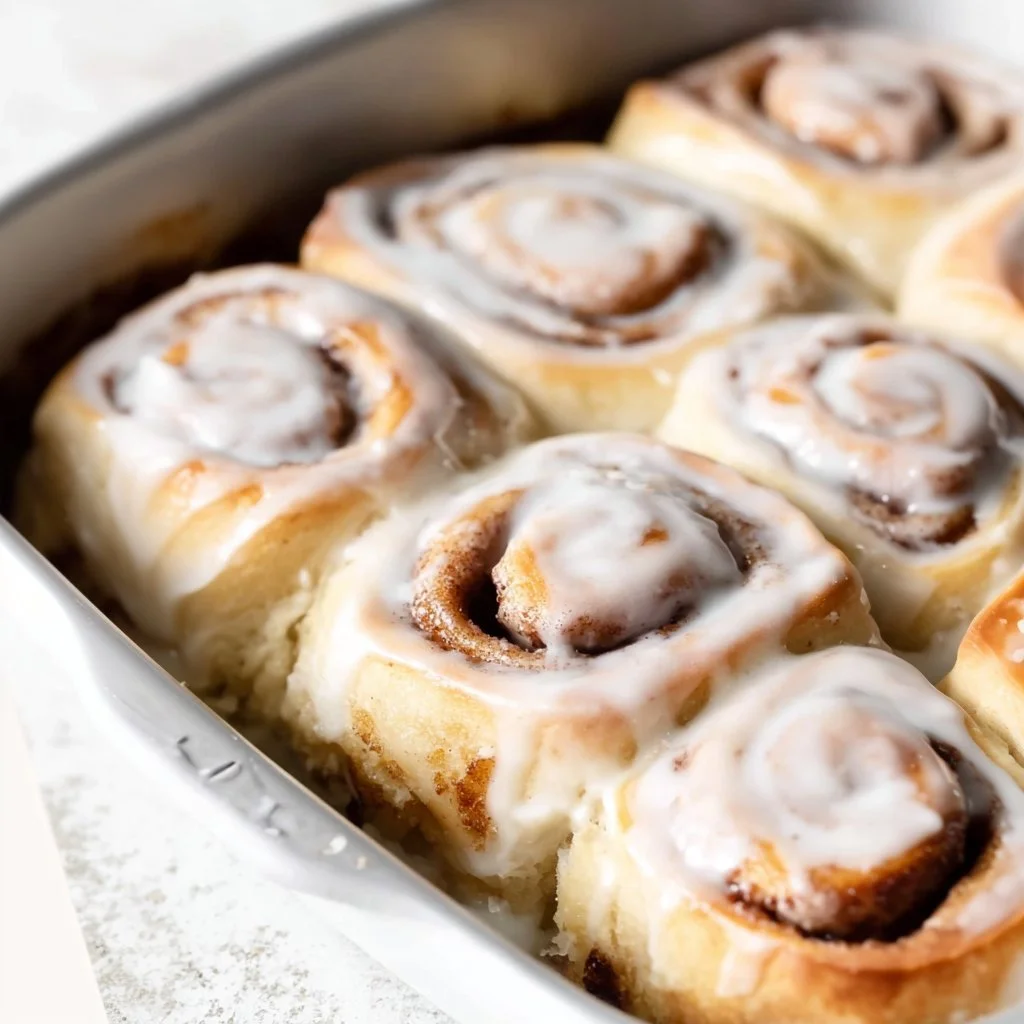 Delicious homemade cinnamon rolls topped with icing on a wooden table