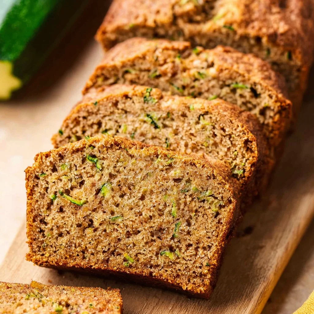 Slice of zucchini bread with walnuts on a wooden cutting board