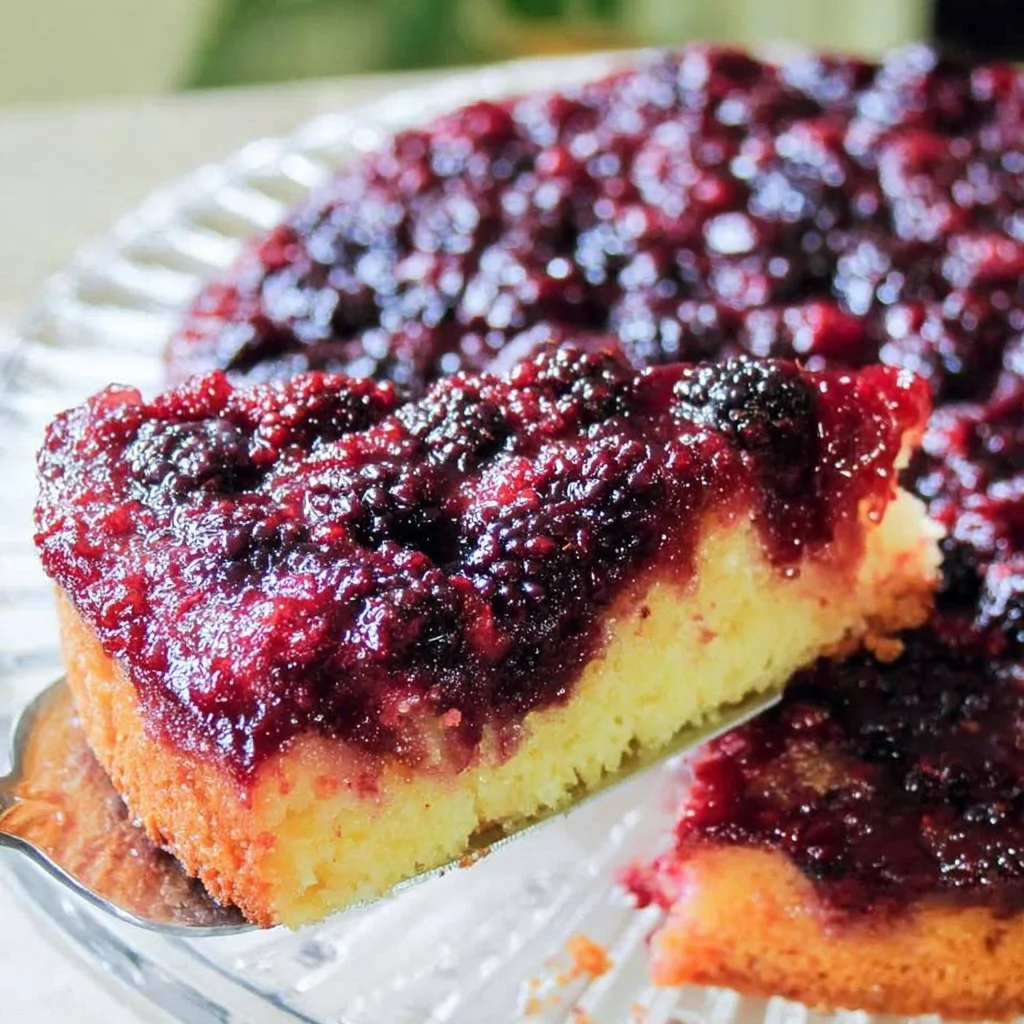 Delicious blackberry upside down cake topped with fresh blackberries