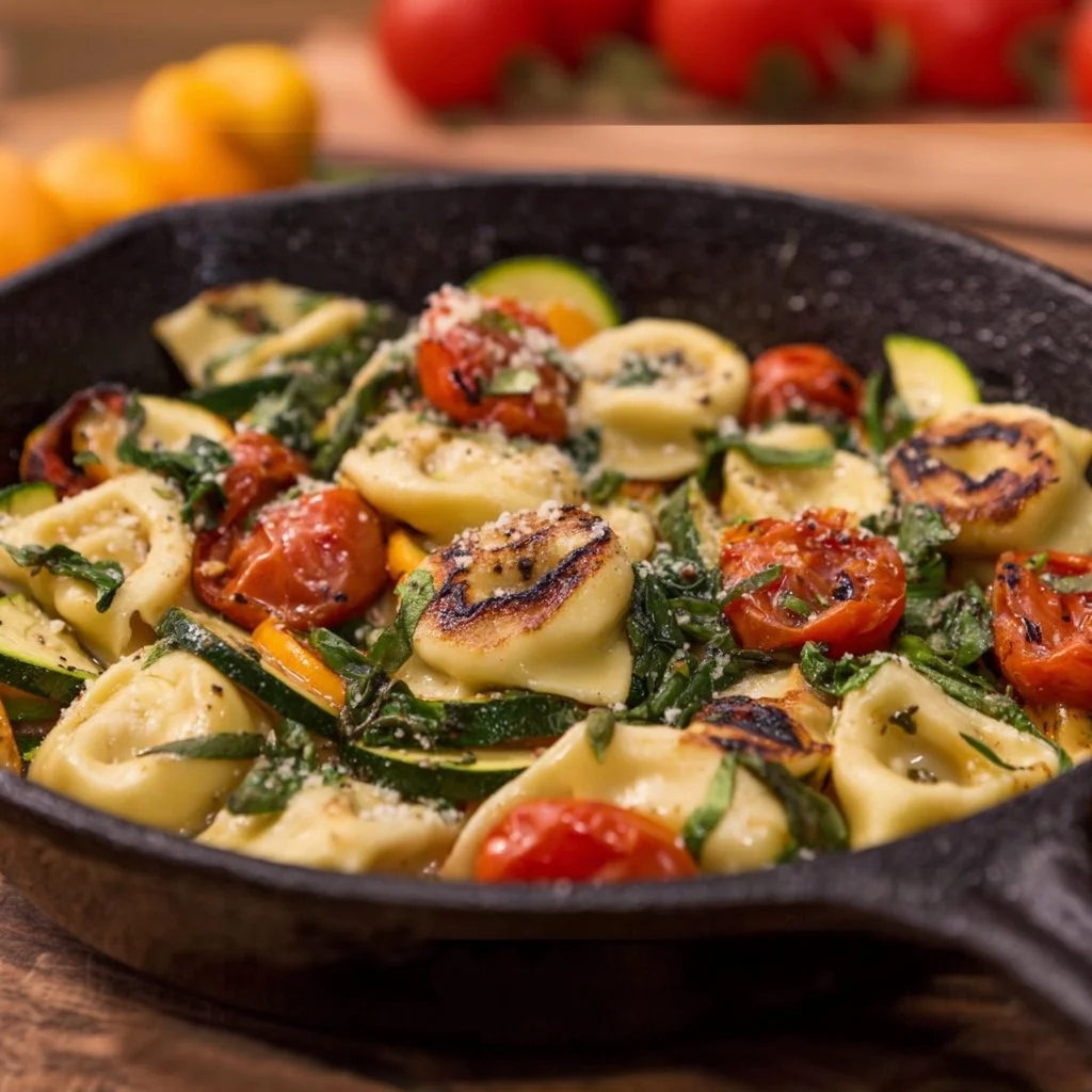 Delicious Blackstone tortellini dish served in a bowl with herbs and cheese