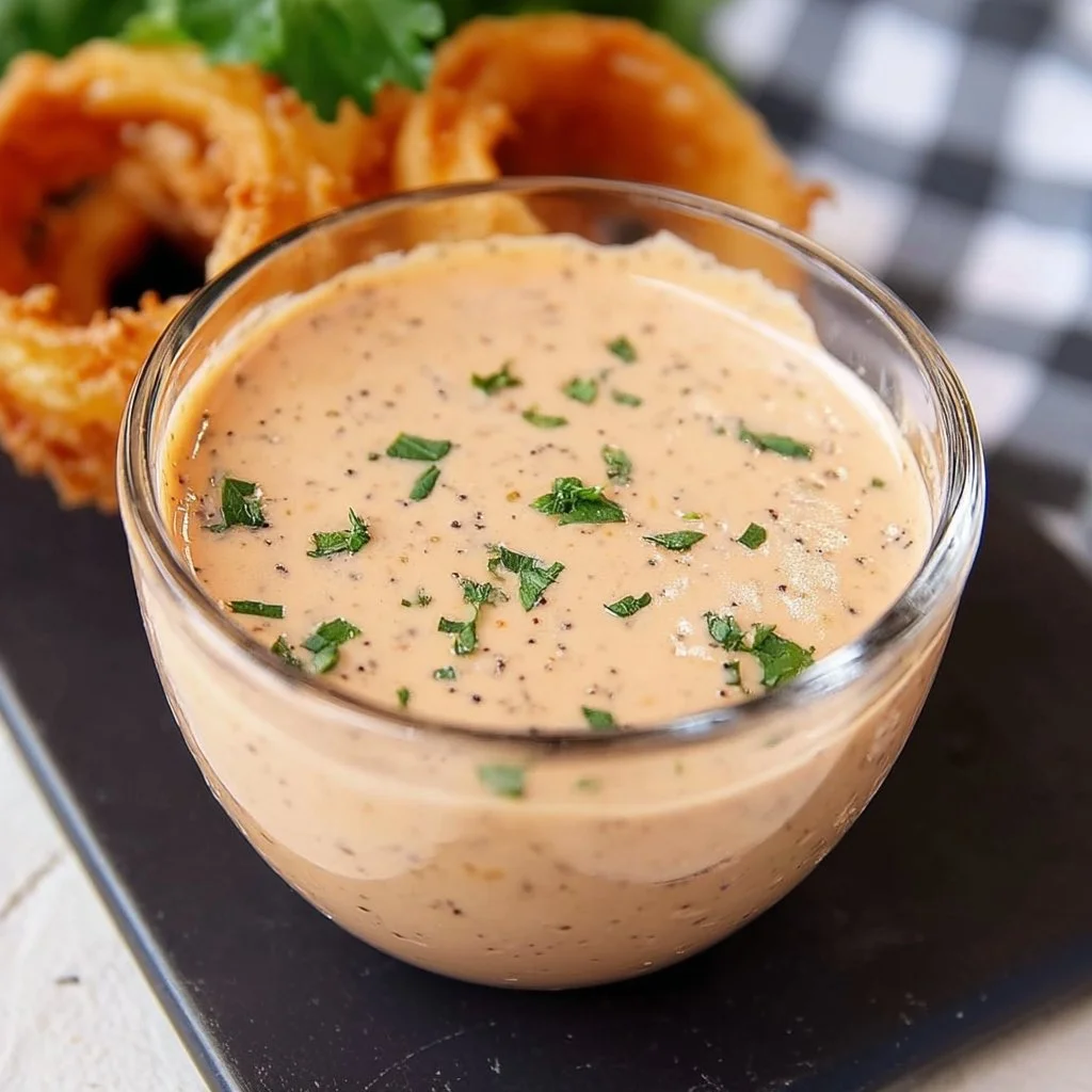 Blooming onion sauce served as a dip for crispy fried onion petals