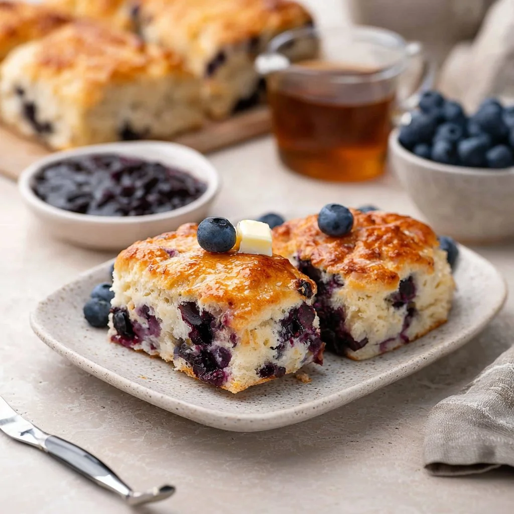 Homemade blueberry biscuits topped with fresh blueberries on a plate.
