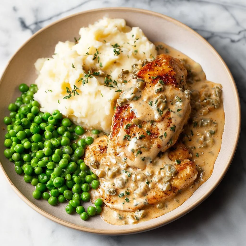 Delicious Boursin Chicken served with herbs and vegetables on a plate