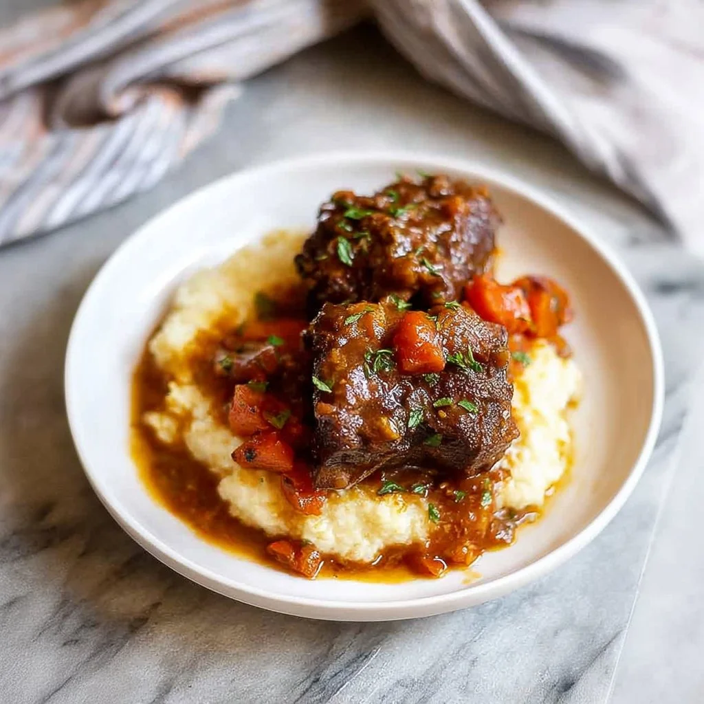 Deliciously braised short ribs served on a plate with herbs