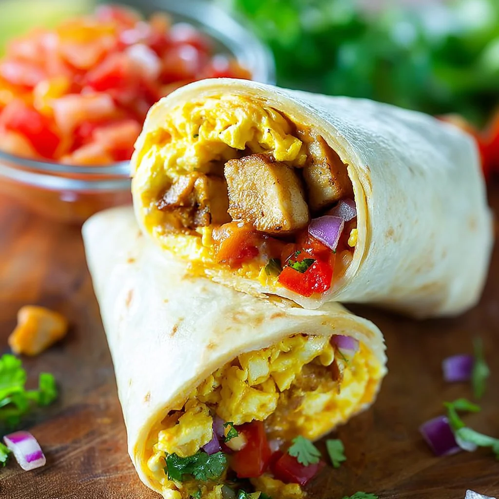 Delicious breakfast burrito filled with eggs, cheese, and savory toppings.
