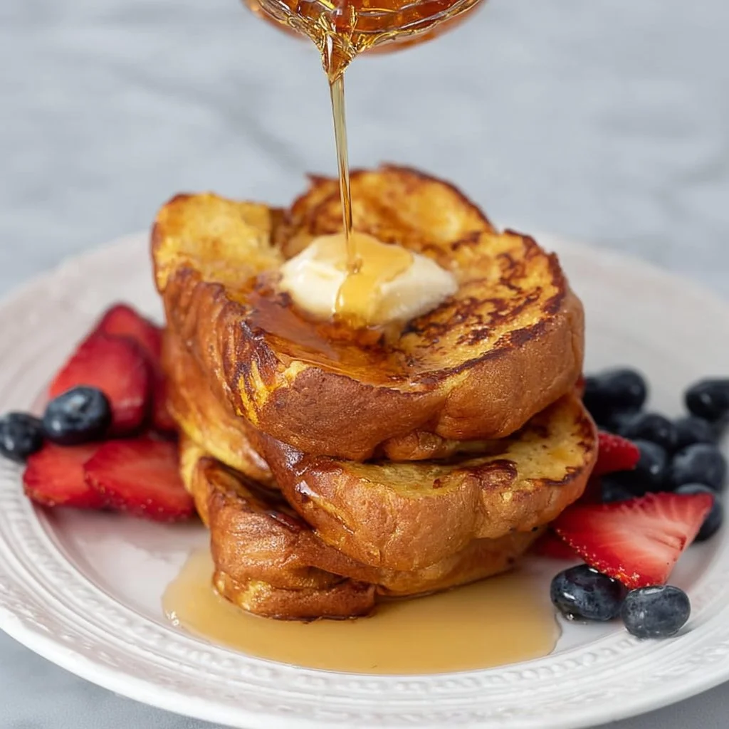 Delicious brioche French toast topped with fresh berries and syrup