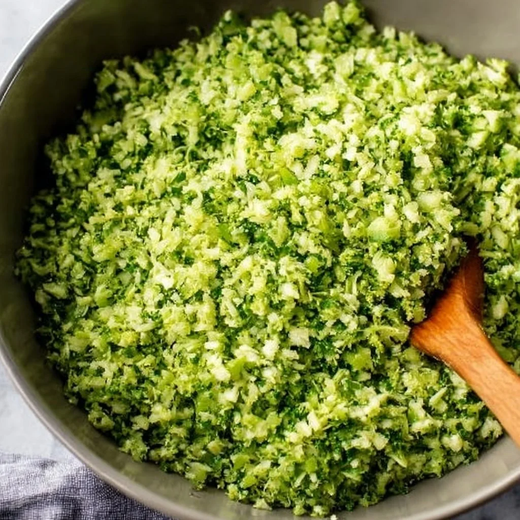 Bowl of broccoli rice with colorful vegetables on a wooden table.