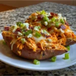 Buffalo chicken stuffed sweet potatoes topped with cheese and green onions