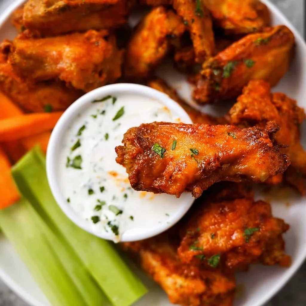 Delicious Buffalo Wings served with celery and blue cheese dressing