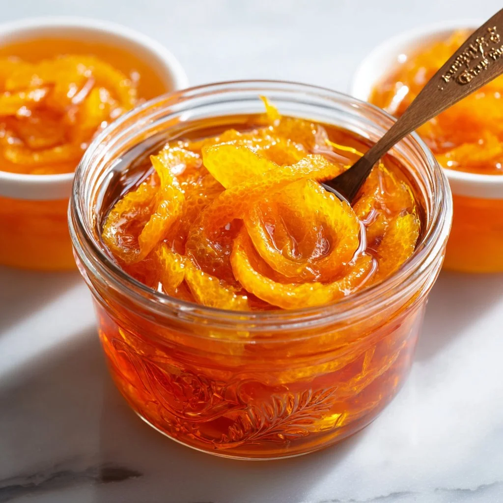 Delicious candied orange peel in syrup ready for use in desserts.