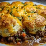 Cheddar Biscuit Beef Casserole with melted cheese and golden biscuits