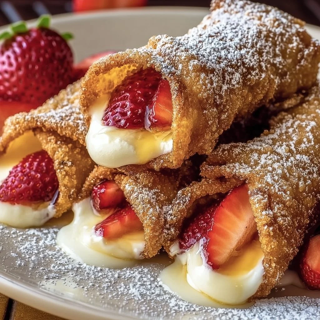Delicious cheesecake egg rolls served on a plate with a dusting of powdered sugar.