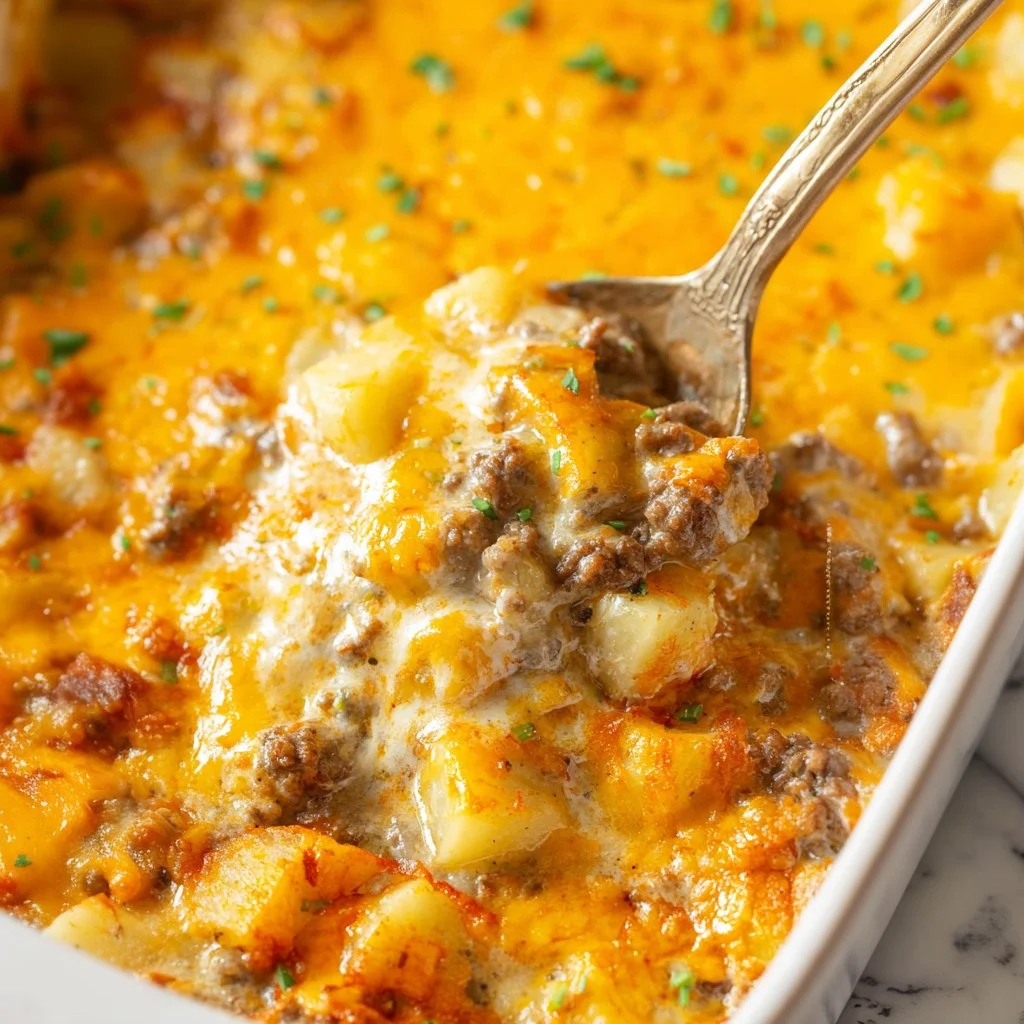 Cheesy ground beef and potato casserole topped with melted cheese