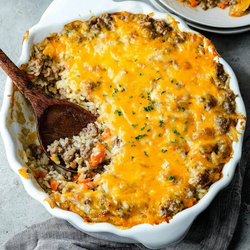 Cheesy ground beef and rice casserole dish served in a bowl