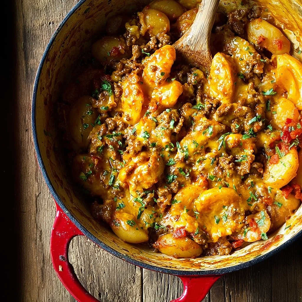 Cheesy One Pot Beef and Potatoes dish served in a bowl