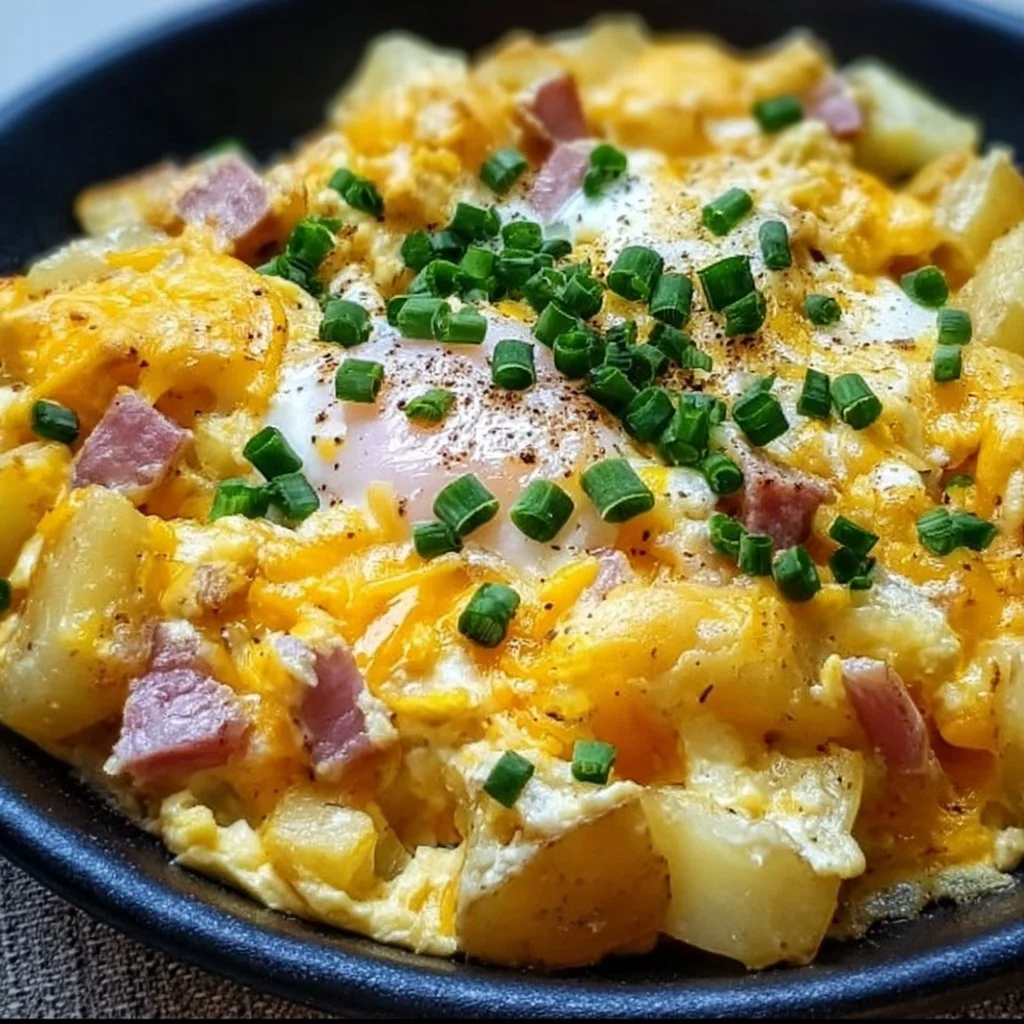 Cheesy Potato Egg Scramble topped with melted cheese and herbs
