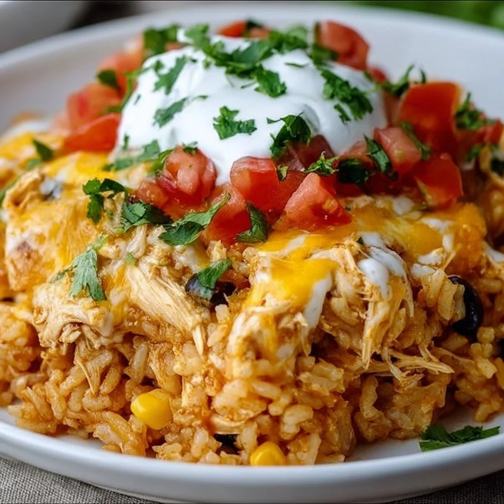 Cheesy Taco Chicken Rice Casserole with melted cheese and toppings