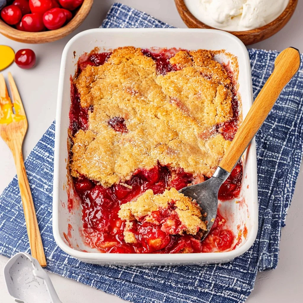 Delicious cherry cobbler made with cake mix, topped with fresh cherries.
