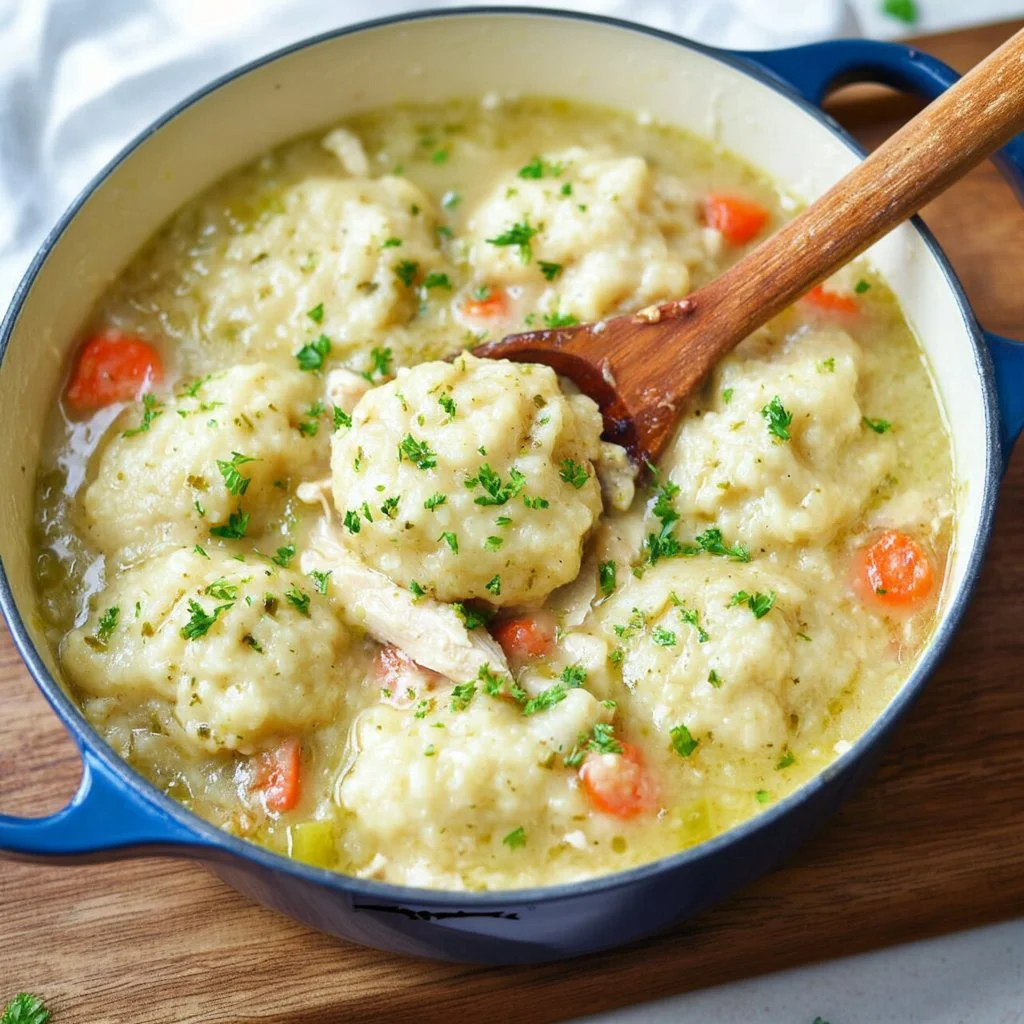 Bowl of Chicken and Dumplings served with fresh herbs
